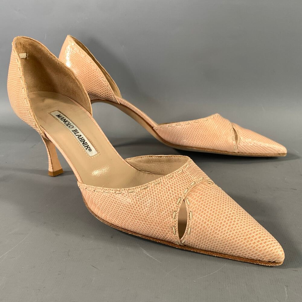 MANOLO BLAHNIK Size 9 Beige Leather Lizard Embossed Pointed Toe Pumps